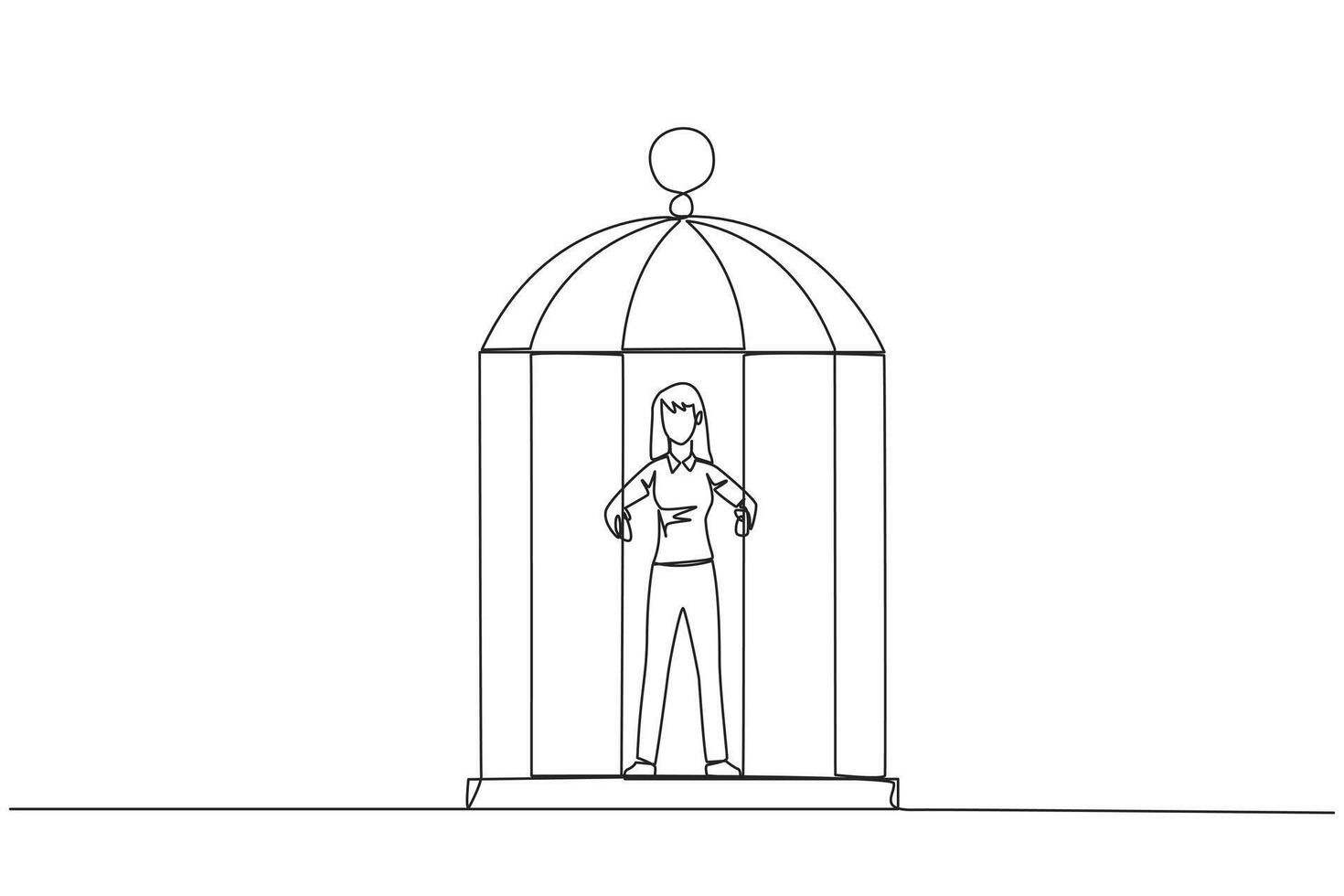 Single continuous line drawing unhappy businesswoman trapped in cage standing hold the iron bars. Imprisoned body and mind. Limited opportunity. Feeling exhausted. One line design vector illustration