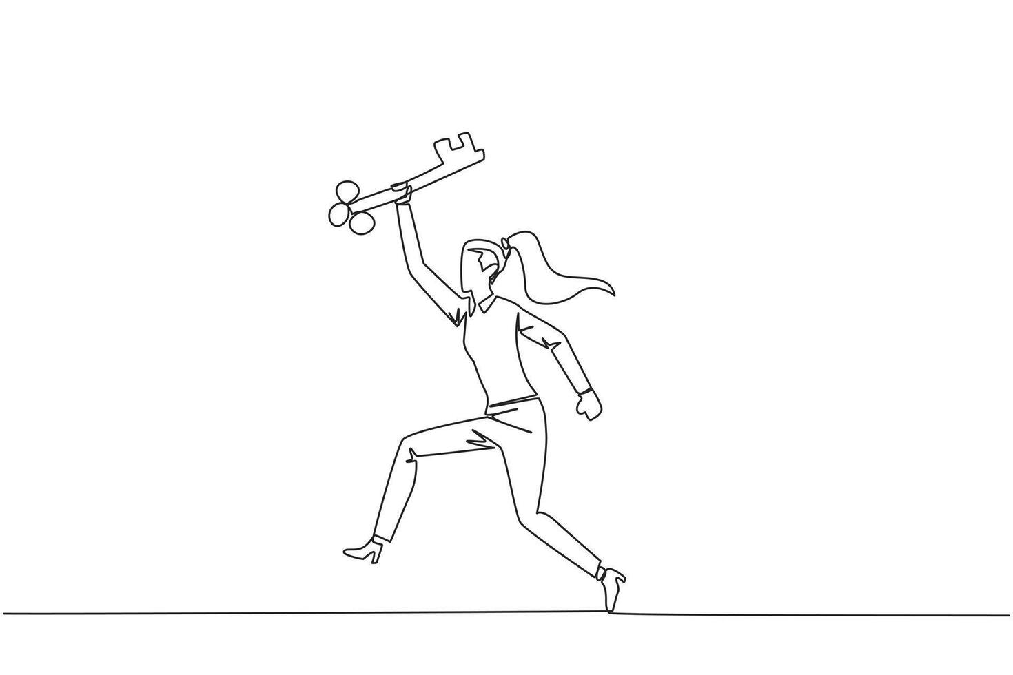 Continuous one line drawing businesswoman running holding key. Doing celebrate. Perform movements like a relay athlete. The secret key to business revival. Single line draw design vector illustration