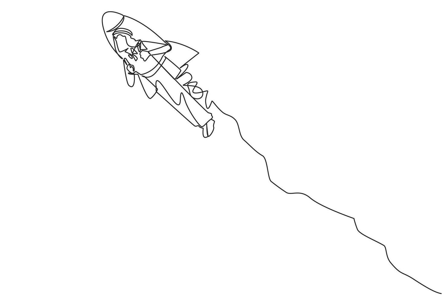 Single one line drawing Arabian businessman flying with rocket. Desire to take the business to the skies. Successful entrepreneur. The great businessman. Continuous line design graphic illustration vector