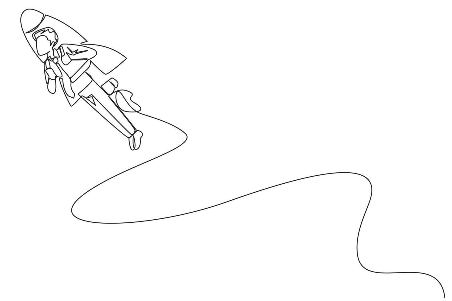 Single one line drawing young businessman flying with rocket. Desire to take the business to the skies. Successful entrepreneur. The great businessman. Continuous line design graphic illustration vector