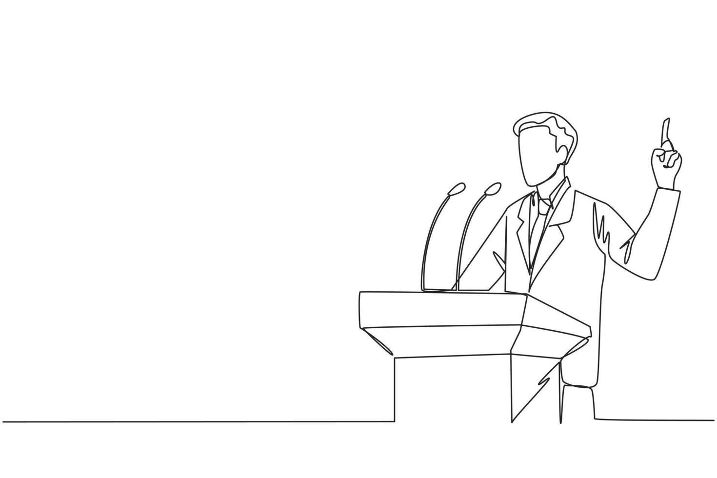 Continuous one line drawing young energetic businessman speaking at the podium while lifting index finger up. He made a favorable statement for the company. Single line draw design vector illustration