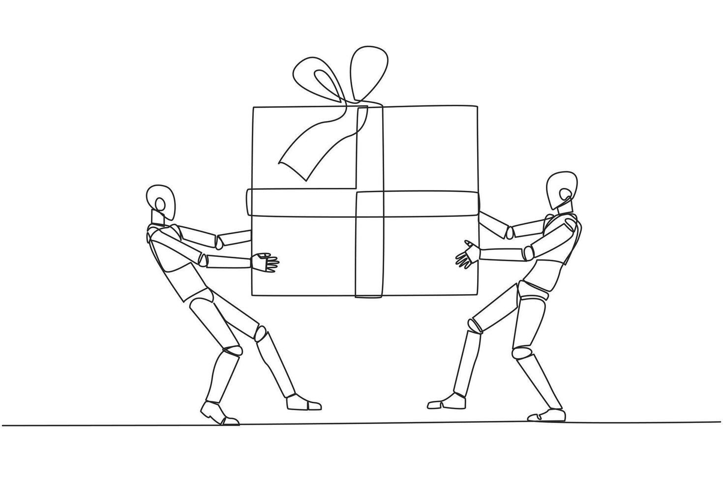 soltero continuo línea dibujo dos profesional robot luchando terminado el grande regalo caja. robótica en contra ambiental contaminación lucha para el principal premio. ai tecnología uno línea diseño vector ilustración