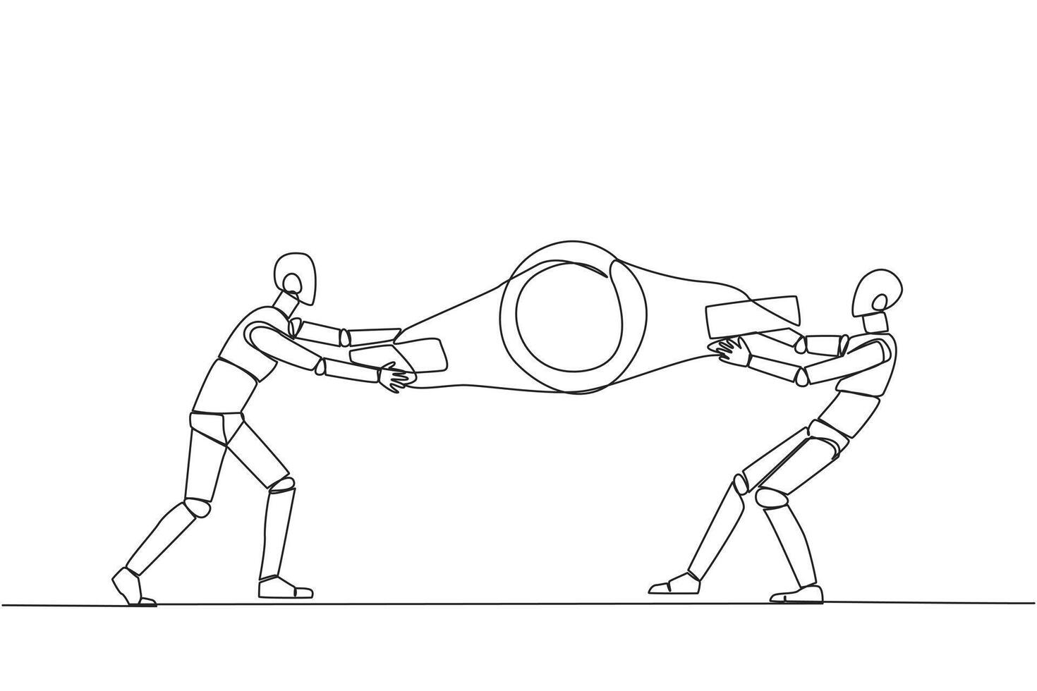 Single continuous line drawing two emotional robot fighting over boxing belt. Fight for to be the greatest and strongest robot. Robotic battle. Future technology. One line design vector illustration