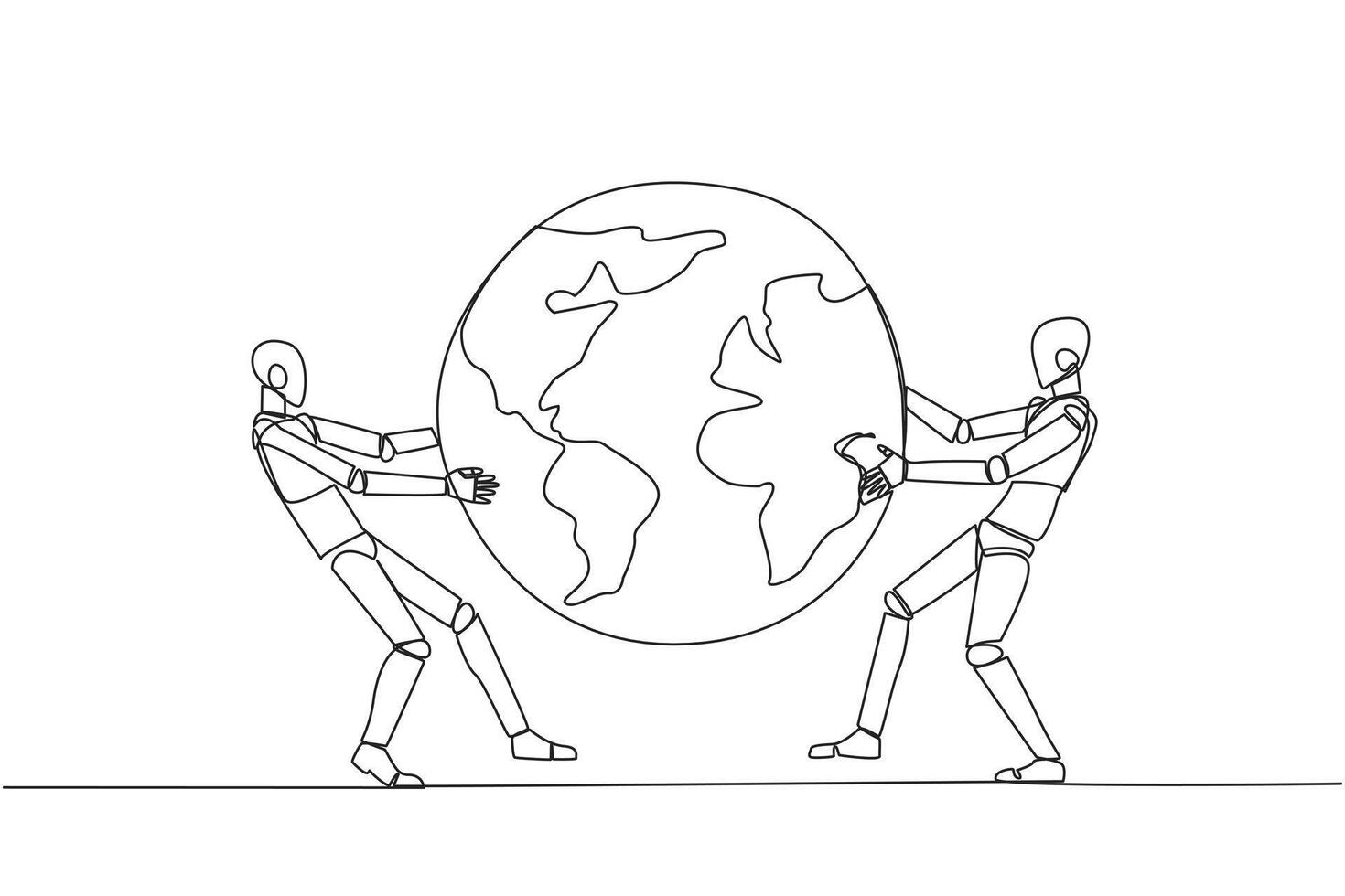 Single one line drawing two strong robot fighting over the globe. Fighting over the area that will be the target of sales expansion. Aggressive. Humanoid. Continuous line design graphic illustration vector