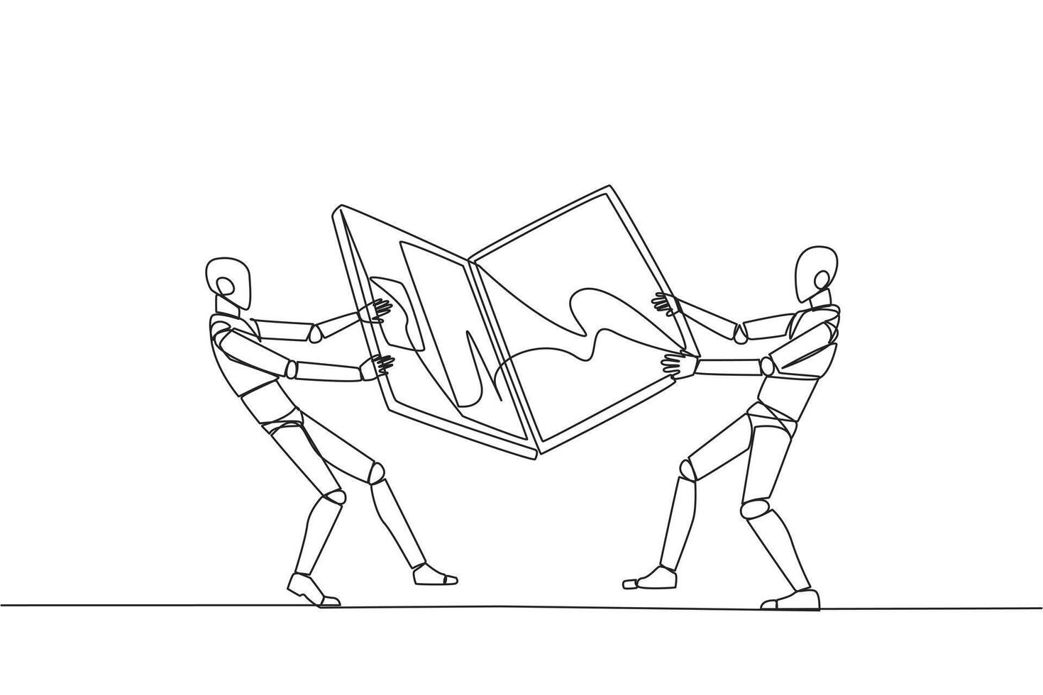 Continuous one line drawing two emotional robot fighting over the laptop. Fighting for information about very good area to be the next target market. Tech. Single line draw design vector illustration