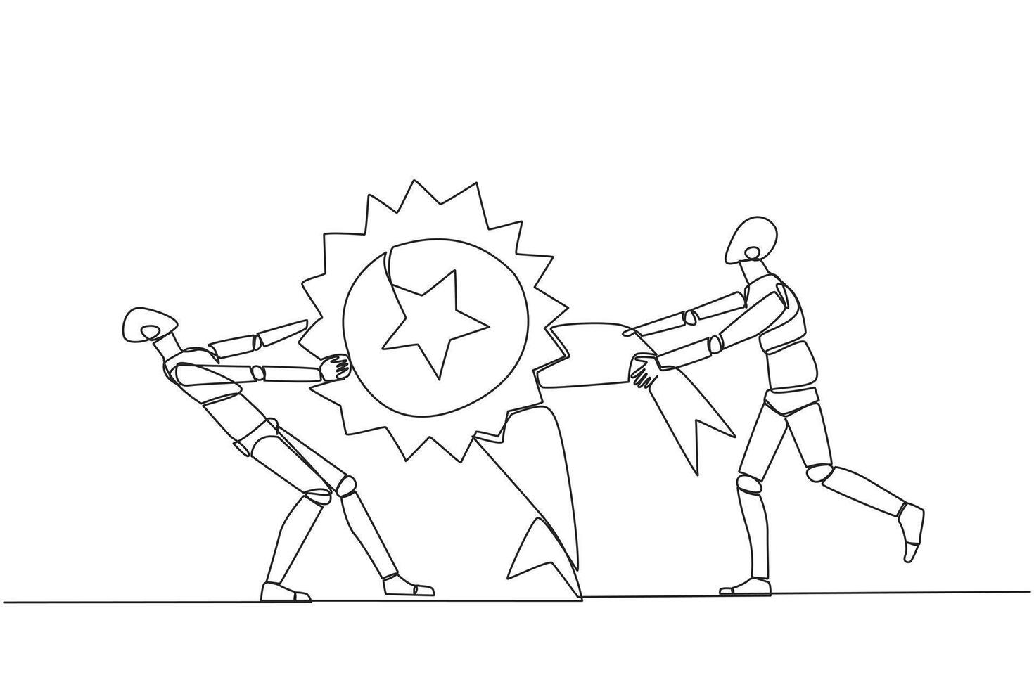 Single one line drawing two angry robot fighting over medal award. Both feel worthy of the award. Robot versus robot. Robotic conflict. Future technology. Continuous line design graphic illustration vector