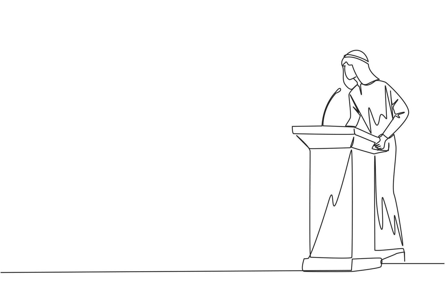 Single one line drawing Arabian businessman speech standing at podium. Give oration that world business can be more independent. Encourage through words. Continuous line design graphic illustration vector