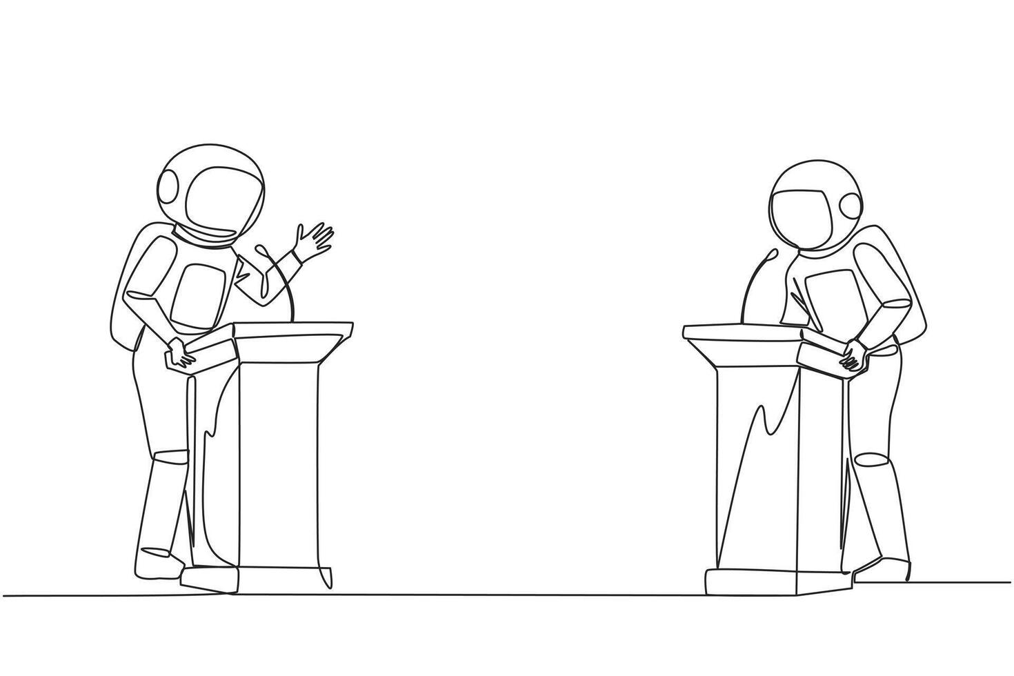 Single continuous line drawing two astronauts arguing on the podium. Throwing opinions on the best way to deal with global warming. Open dialogue. Debating. Argue. One line design vector illustration