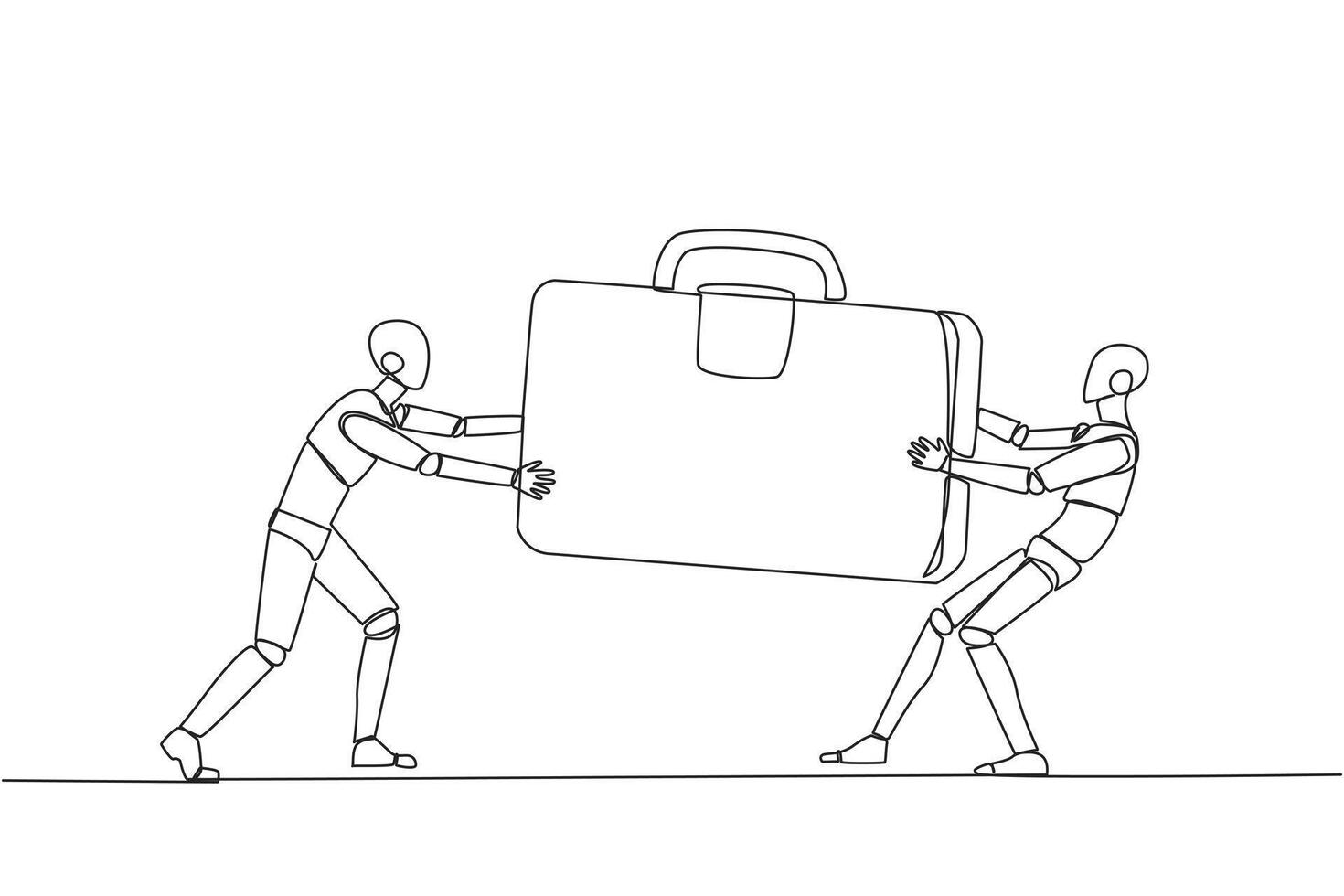 Continuous one line drawing two aggressive robot fighting over the briefcase. Fight over the client data contained in the bag. Robotic attack. Target. AI. Single line draw design vector illustration