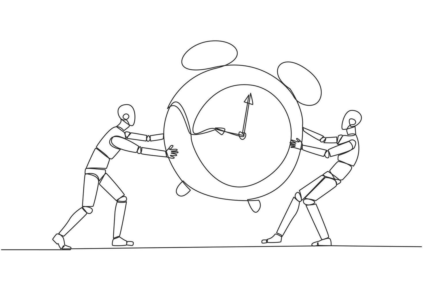 Continuous one line drawing two emotional robot fighting over the big alarm clock. The concept of fighting for rare items for prestige. Conflict. Attack. Single line draw design vector illustration