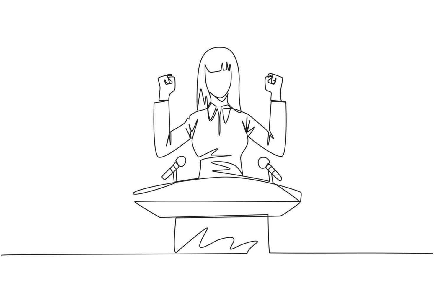 Continuous one line drawing young businesswoman speaking at the podium while raising and clenching both hands. Styled like a politician seeking votes. Single line draw design vector illustration