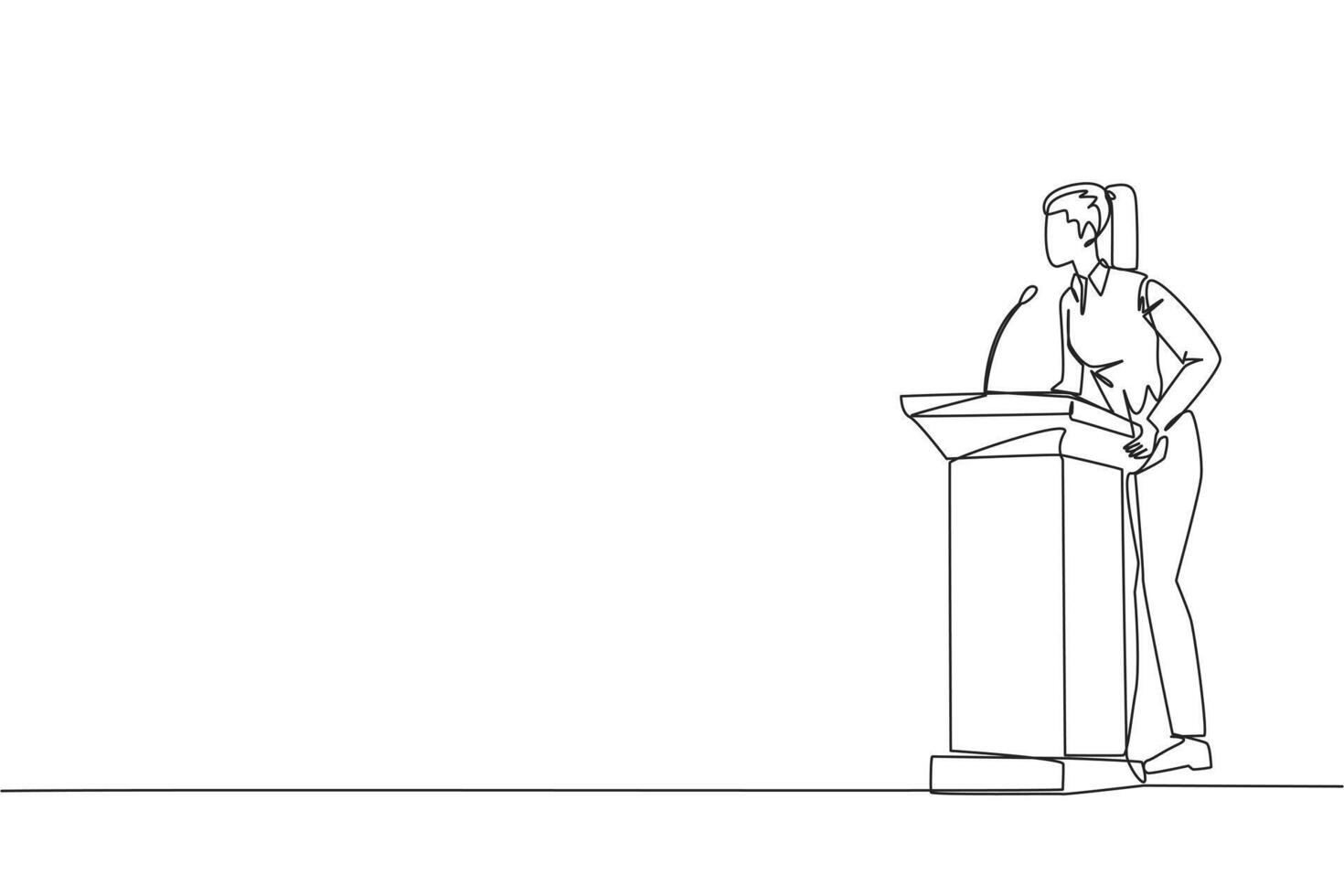 Single one line drawing young businesswoman speech standing behind the podium. Give oration that women can be more independent. Encourage through words. Continuous line design graphic illustration vector