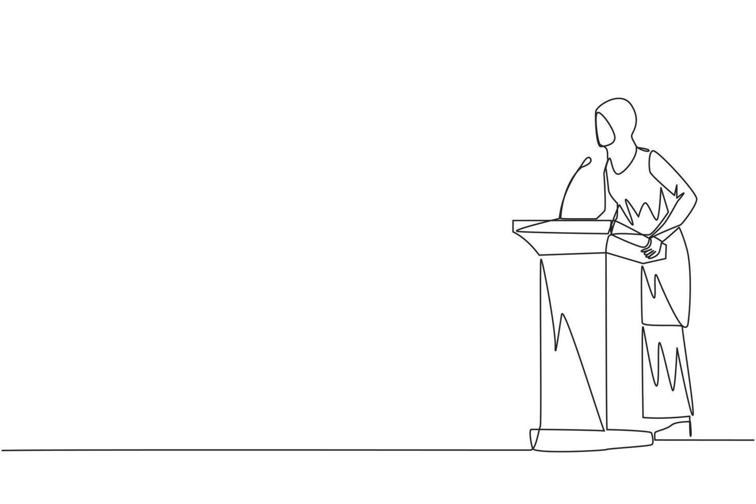 Continuous one line drawing Arabian businesswoman speech standing at the podium. Give oration that women can be more independent. Encourage through words. Single line draw design vector illustration