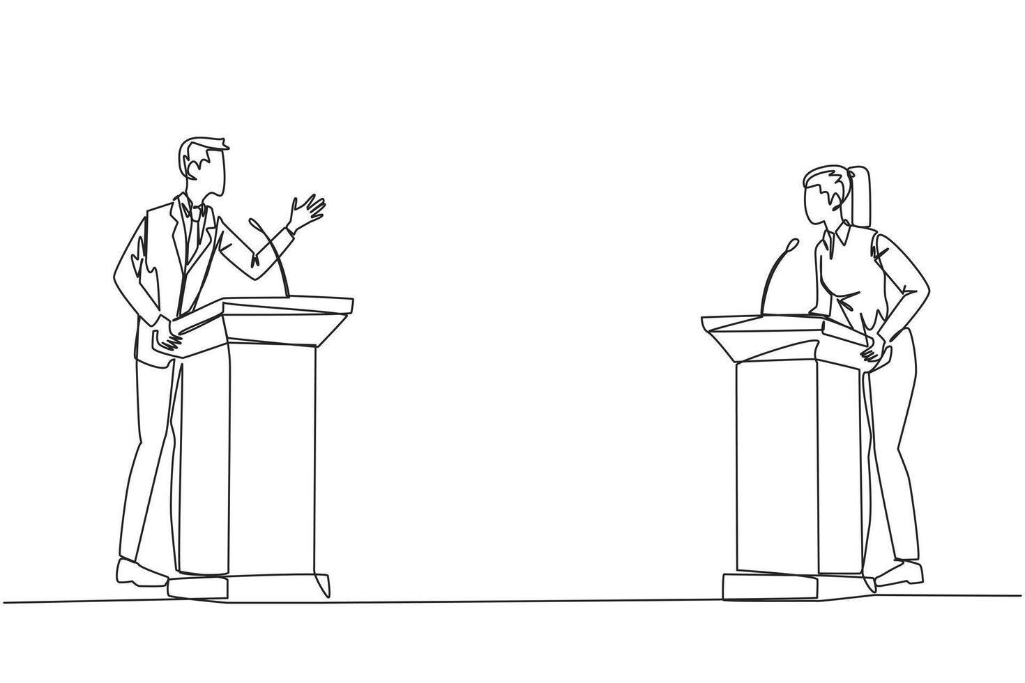 Continuous one line drawing businessman and businesswoman arguing on the podium. Throwing arguments at each other, not wanting to give in. Feel most right. Single line draw design vector illustration