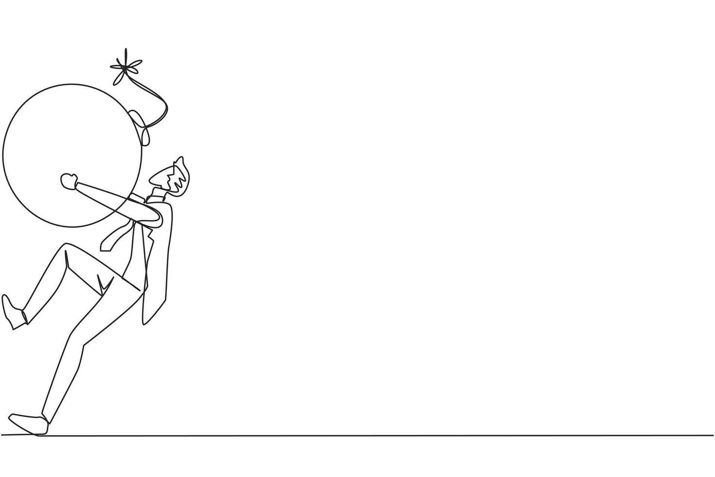 Single continuous line drawing young businessman carrying a bomb with a burning fuse. The concept of keeping danger away from the business environment to survive. One line design vector illustration