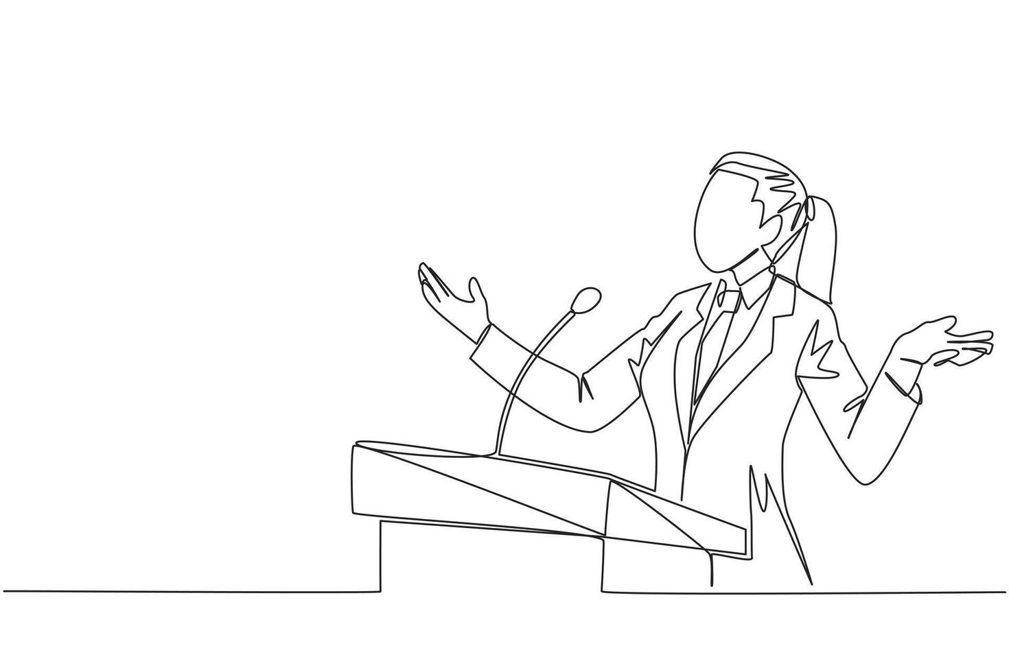 Continuous one line drawing young businesswoman speaking at podium while opening hands. Explain history of the company to become a multinational company. Single line draw design vector illustration