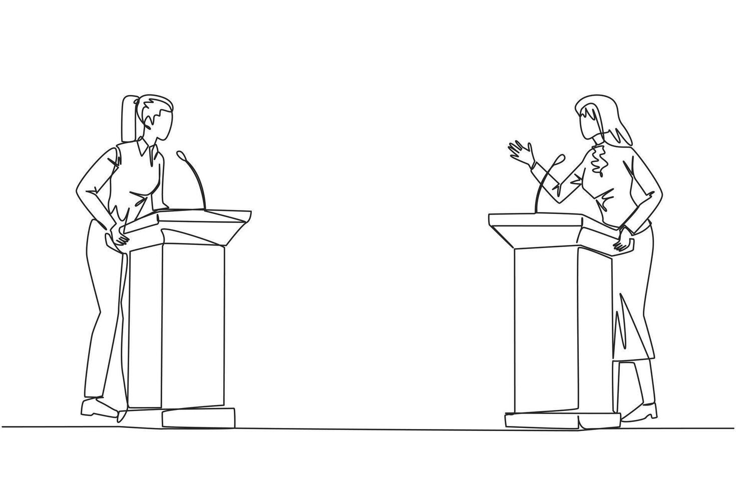 Single continuous line drawing two businesswomen arguing on the podium. Throwing opinions on the best way to deal with global warming. Open dialogue. Debating. One line design vector illustration