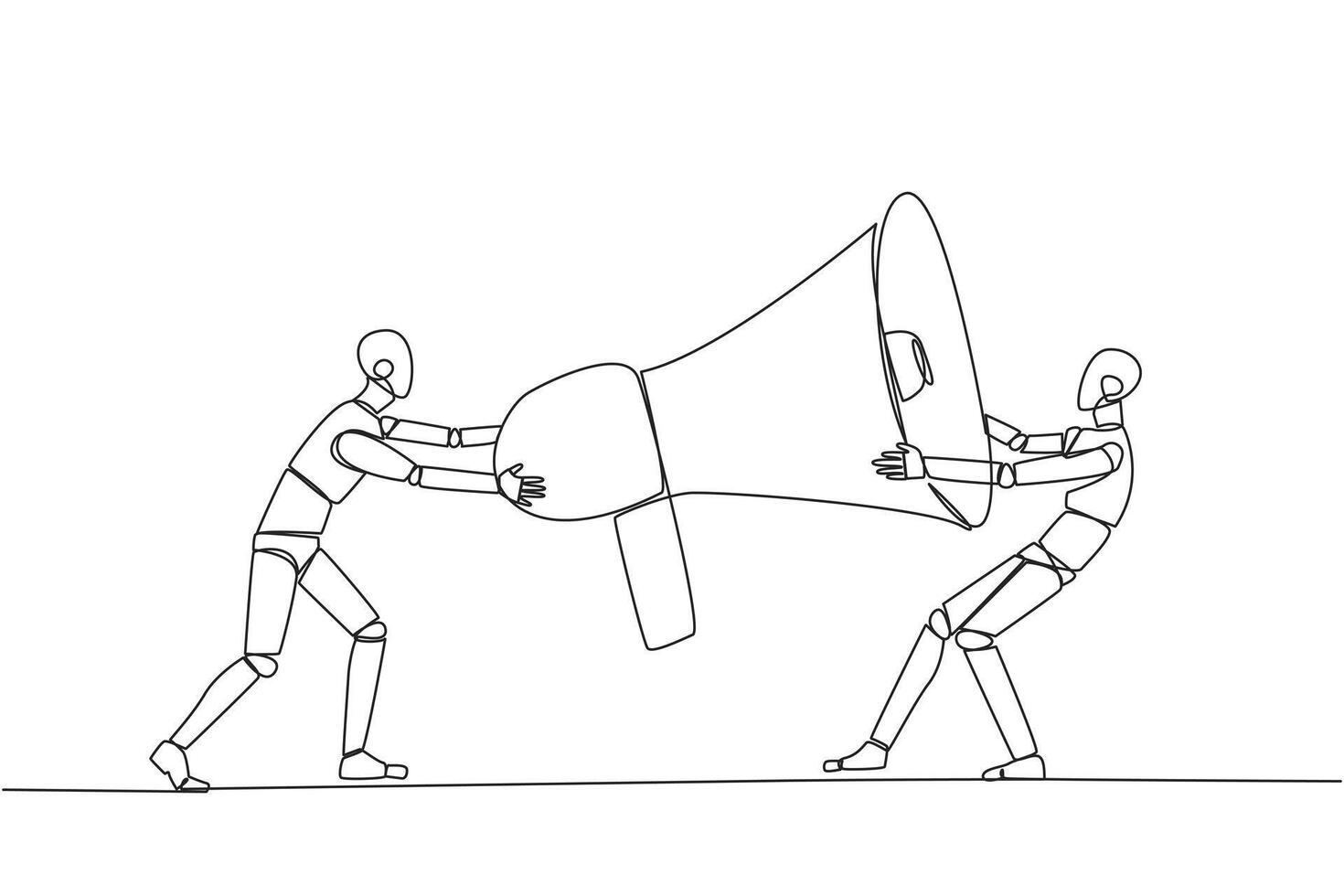 Continuous one line drawing two emotional robot fighting over megaphone. Scramble to announce vacancies and look for reliable employees. Conflict. Attack. Single line draw design vector illustration