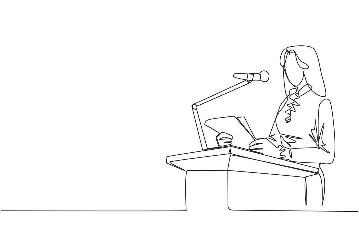Single continuous line drawing businesswoman speaking on the podium holding a piece of paper. Make a welcoming speech. Entrepreneur has a new business branch. Happiness. One line vector illustration