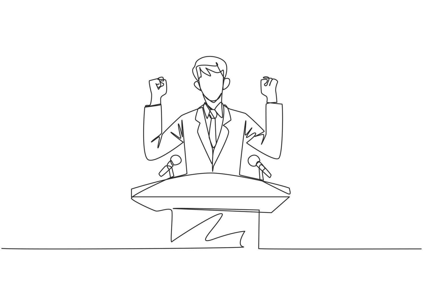 Single one line drawing young energetic businessman speaking at the podium while raising and clenching both hands. Styled like a politician seeking votes. Continuous line design graphic illustration vector