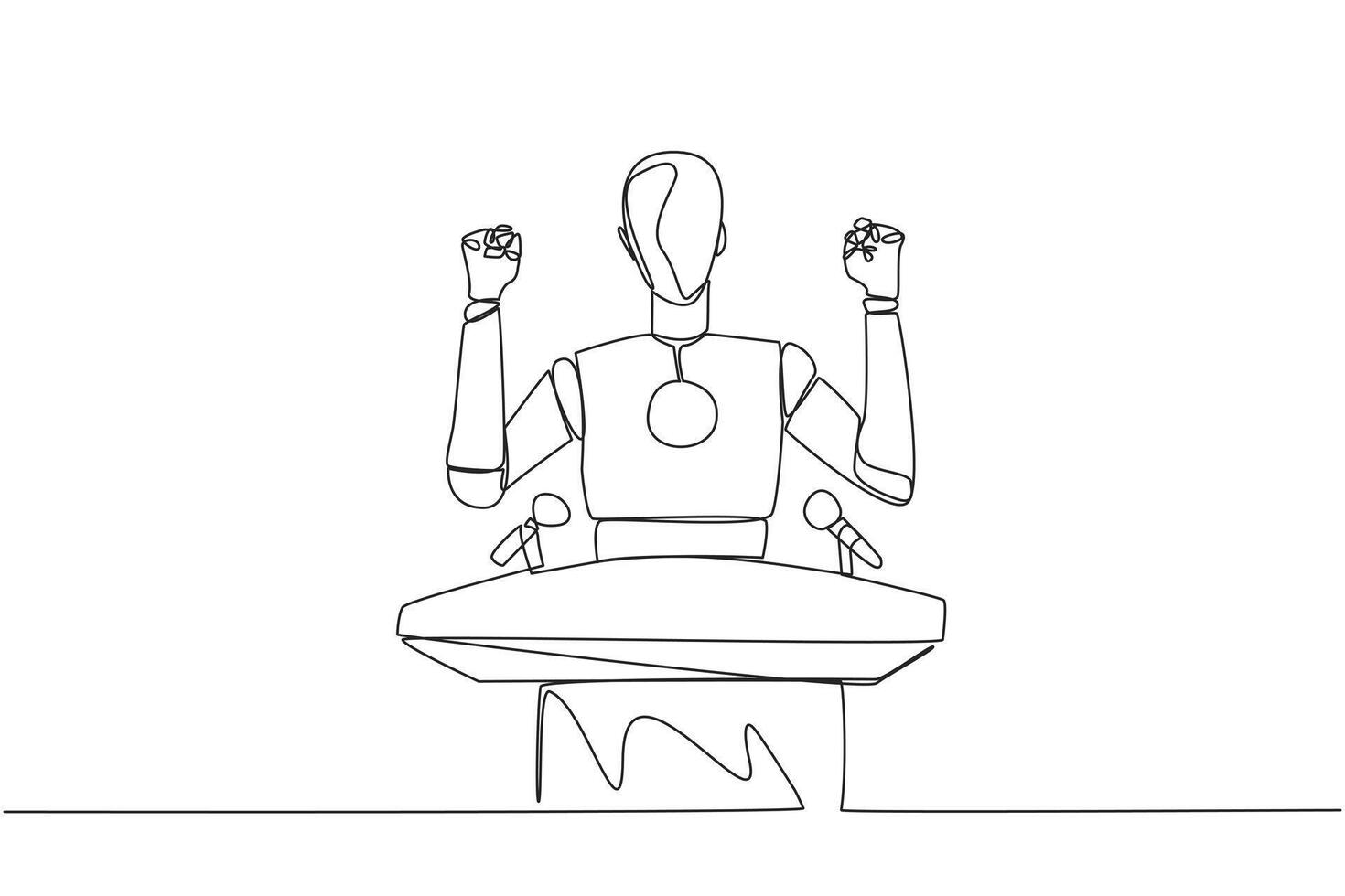 Continuous one line drawing smart robotic speaking at the podium while raising and clenching both hands. Styled like a politician seeking votes. Orator. Single line draw design vector illustration