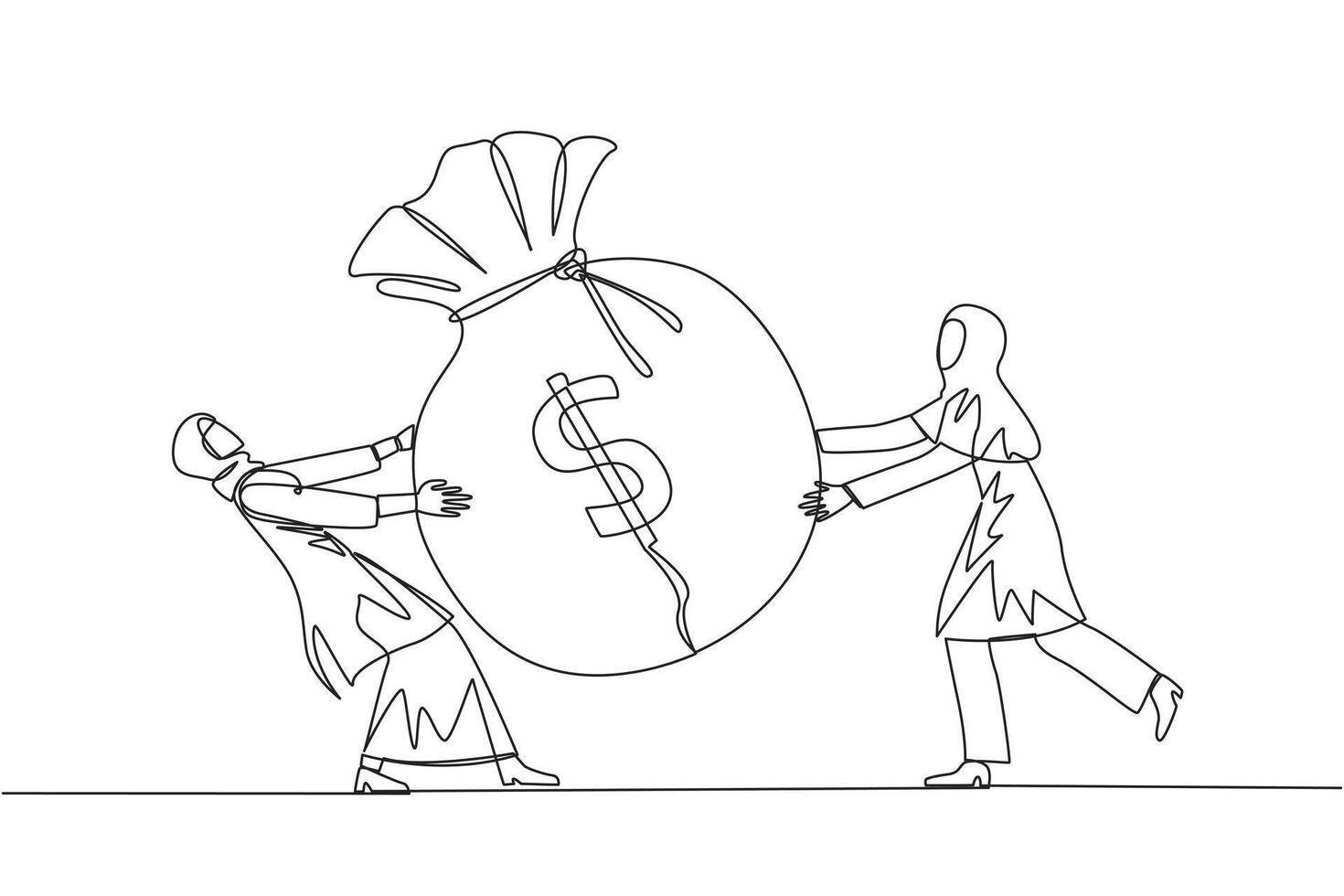 Continuous one line drawing two Arabian businesswoman fighting over money bag. Fighting for additional capital after several shares were released to public. Single line draw design vector illustration