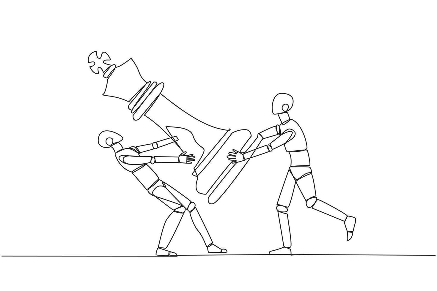 Continuous one line drawing two angry robot fight over the big king chess pieces. The metaphor of scrambling to save a business by helping investors. AI. Single line draw design vector illustration