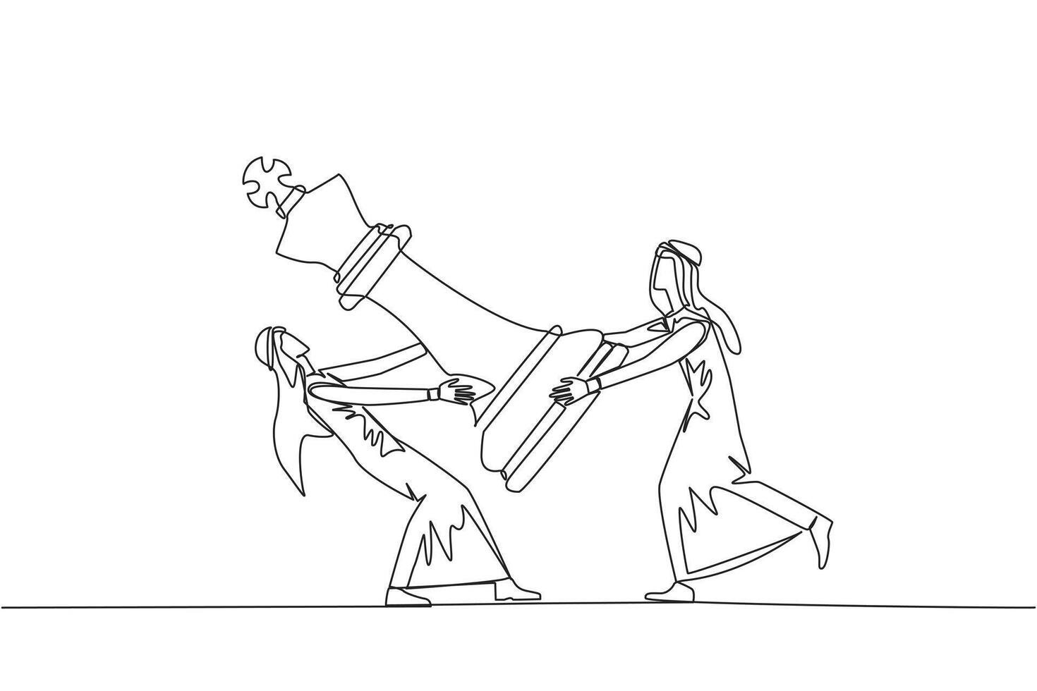 Single continuous line drawing two angry Arabian businessman fight over big king chess pieces. The metaphor of scrambling to save a business by helping investors. One line design vector illustration