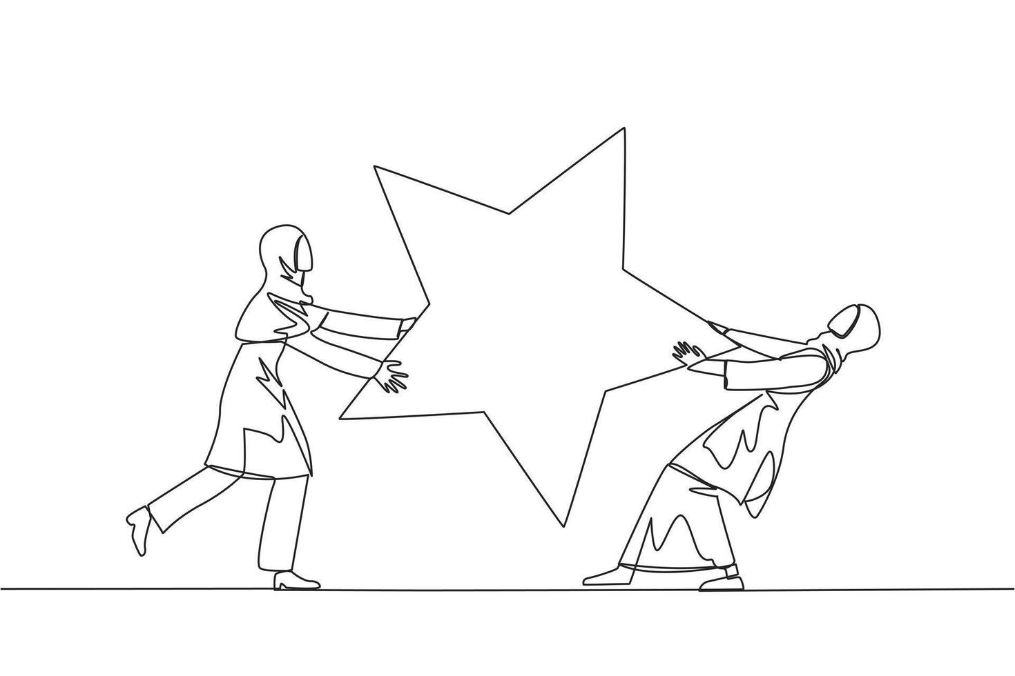 Continuous one line drawing two angry Arabian businesswoman fighting over star. Concept of fighting for brilliant employees for the progress of the company. Single line draw design vector illustration