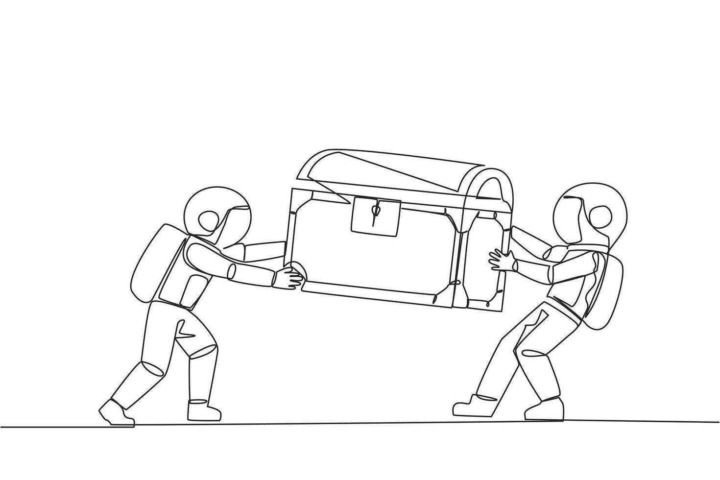Continuous one line drawing two angry astronaut fighting over the treasure chest. Feel most entitled to the discovery of treasure. Rivalry and competition. Single line draw design vector illustration