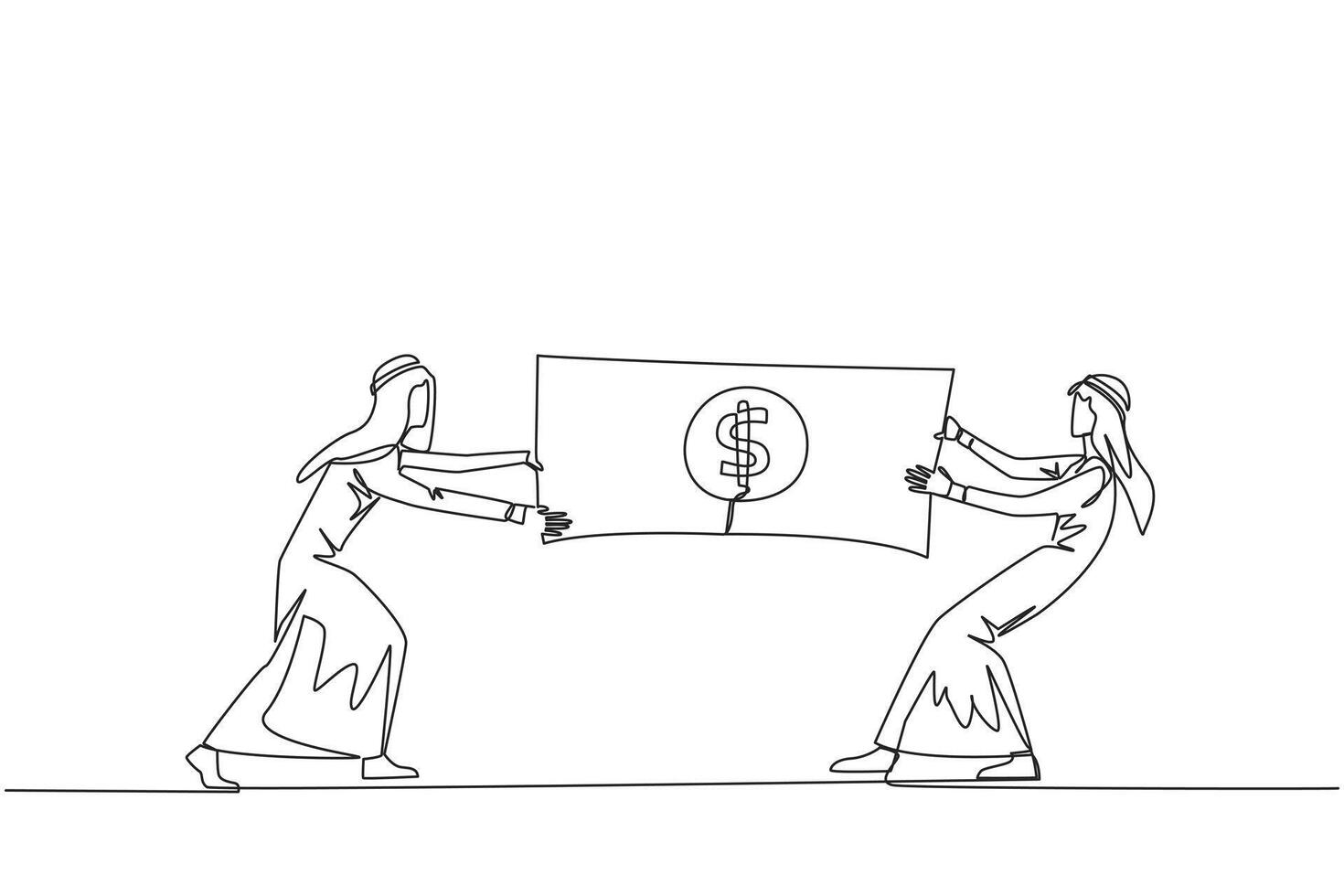 Continuous one line drawing two Arabian businessman fighting over banknotes. Fight over the capital provided by the government to selected entrepreneurs. Single line draw design vector illustration