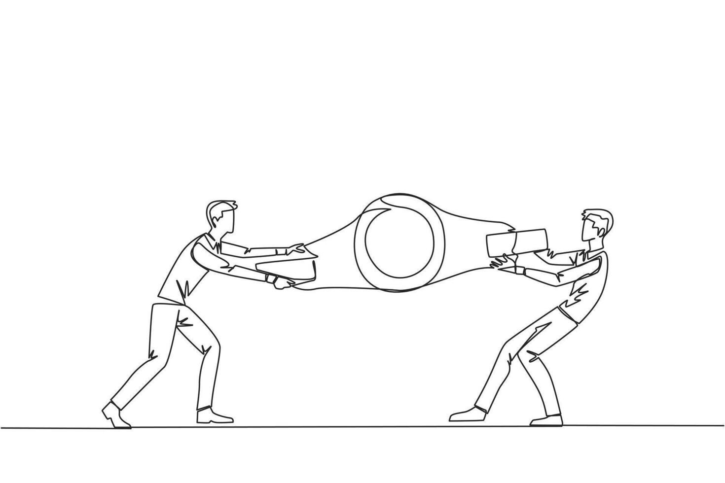 Continuous one line drawing two emotional businessman fighting over boxing belt. Fight for to be the greatest and strongest businessman. Businessman battle. Single line draw design vector illustration