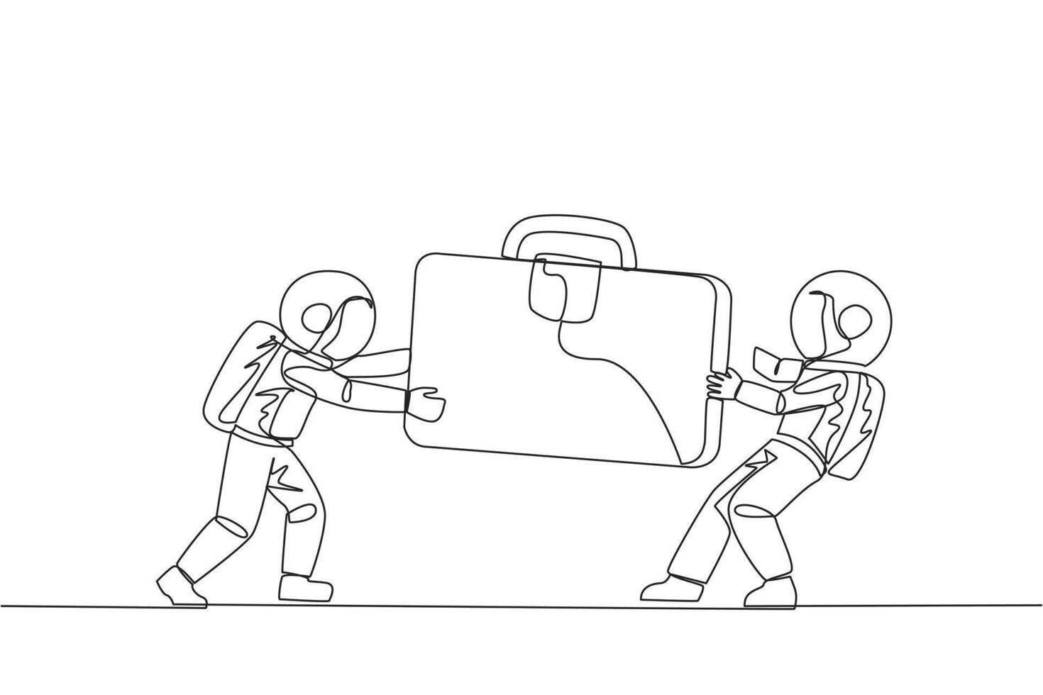Continuous one line drawing two aggressive astronaut fighting over the briefcase. Fight over the client data contained in the bag. Astronaut attack. Cosmic. Single line draw design vector illustration