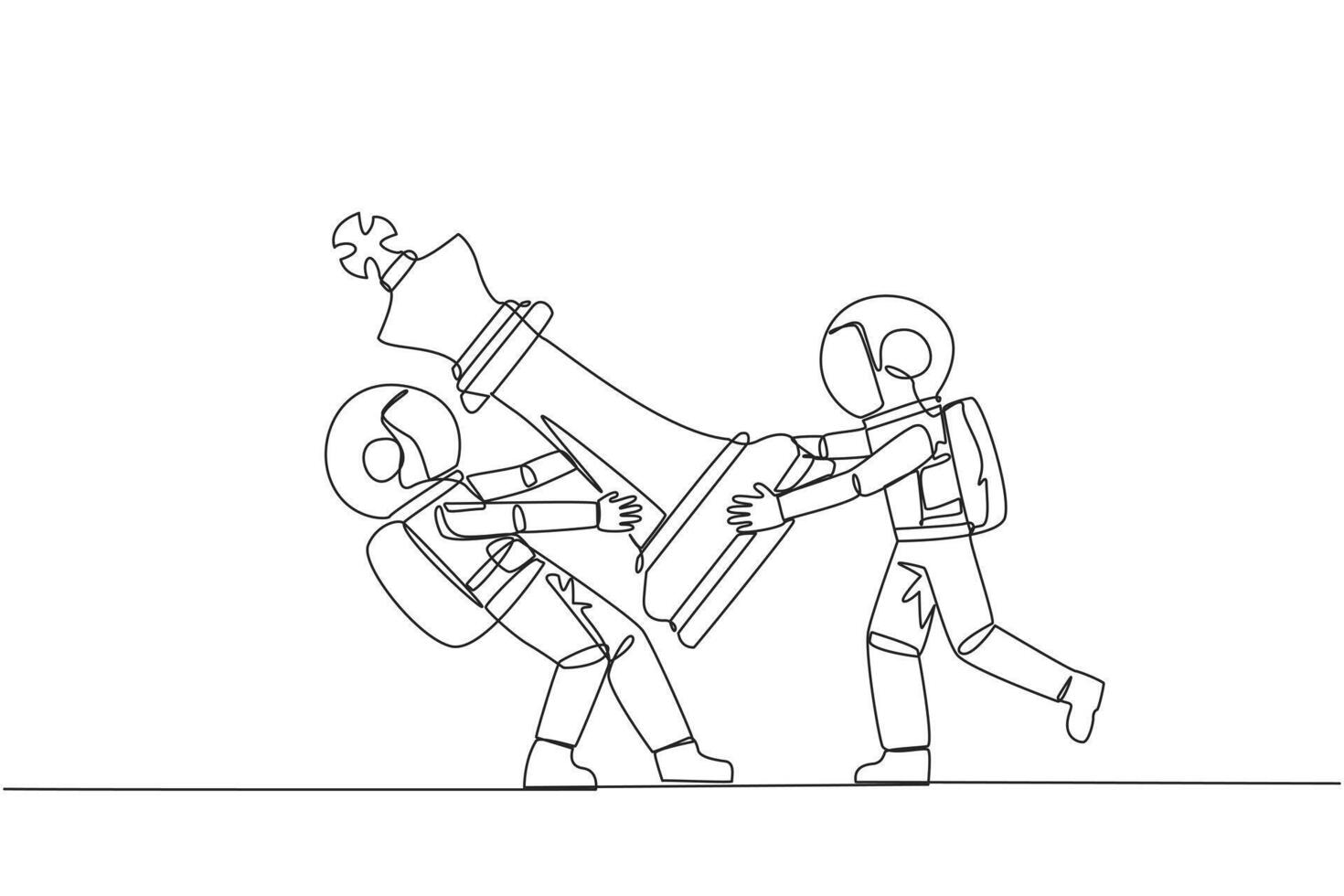 Single one line drawing two angry astronaut fight over the big king chess pieces. The metaphor of scrambling to save a business by helping investors. Rival. Continuous line design graphic illustration vector