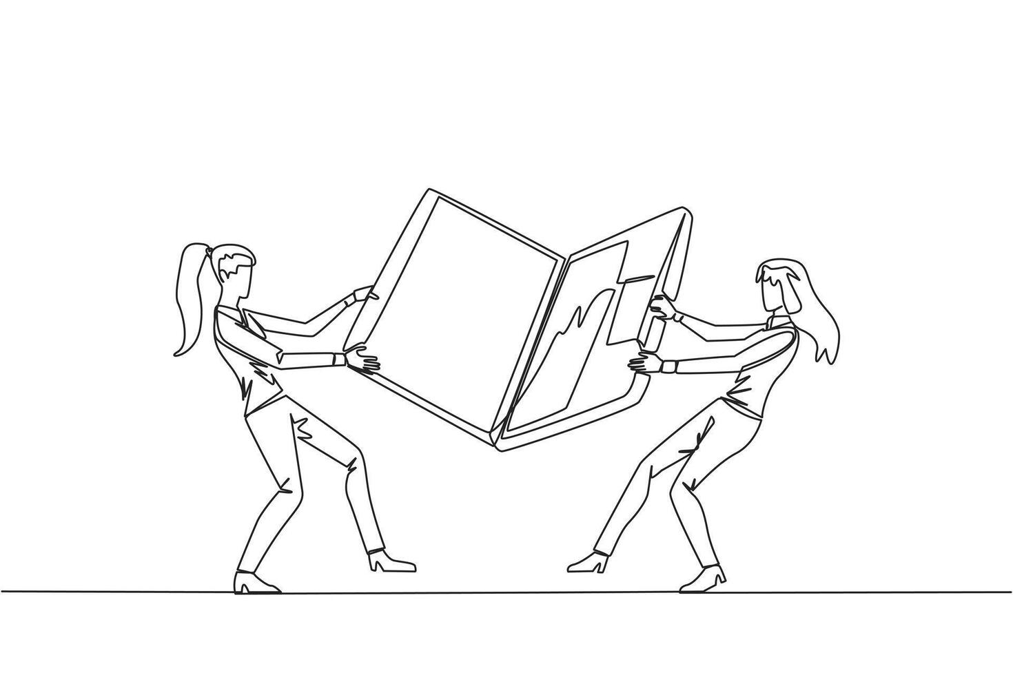 soltero continuo línea dibujo dos emocional mujer de negocios luchando terminado el ordenador portátil. luchando para información acerca de muy bueno zona a ser el siguiente objetivo mercado. uno línea diseño vector ilustración