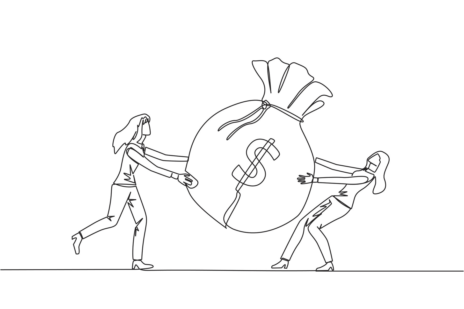 Continuous one line drawing two businesswoman fighting over big money