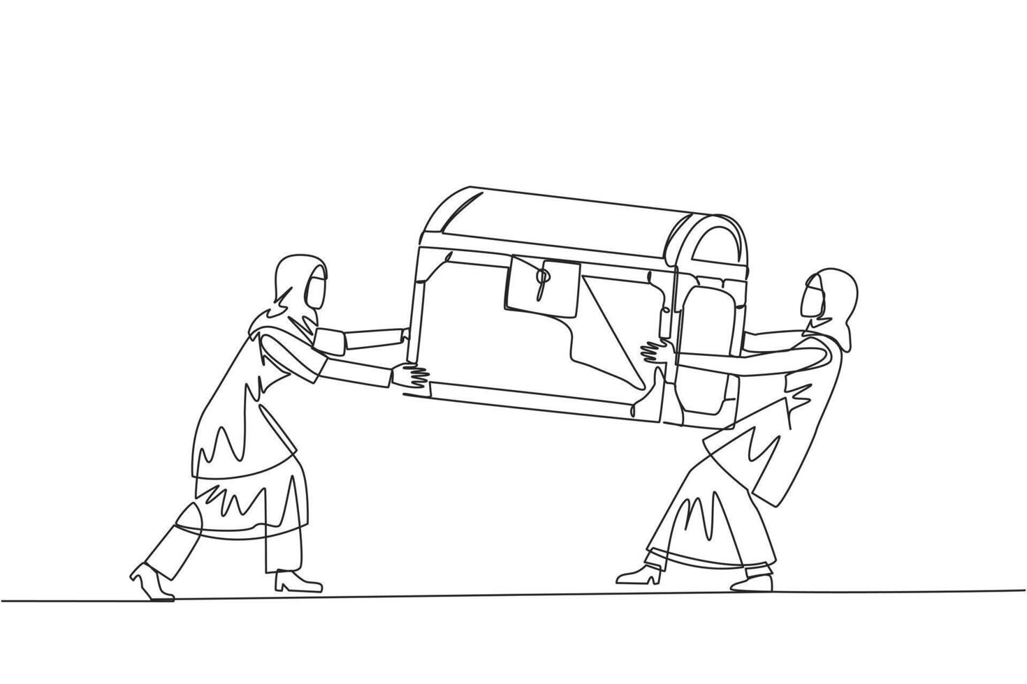Single continuous line drawing two egoistic Arabian businesswoman fighting over treasure chest. Feel most entitled to the discovery of treasure. Rivalry and competition. One line vector illustration