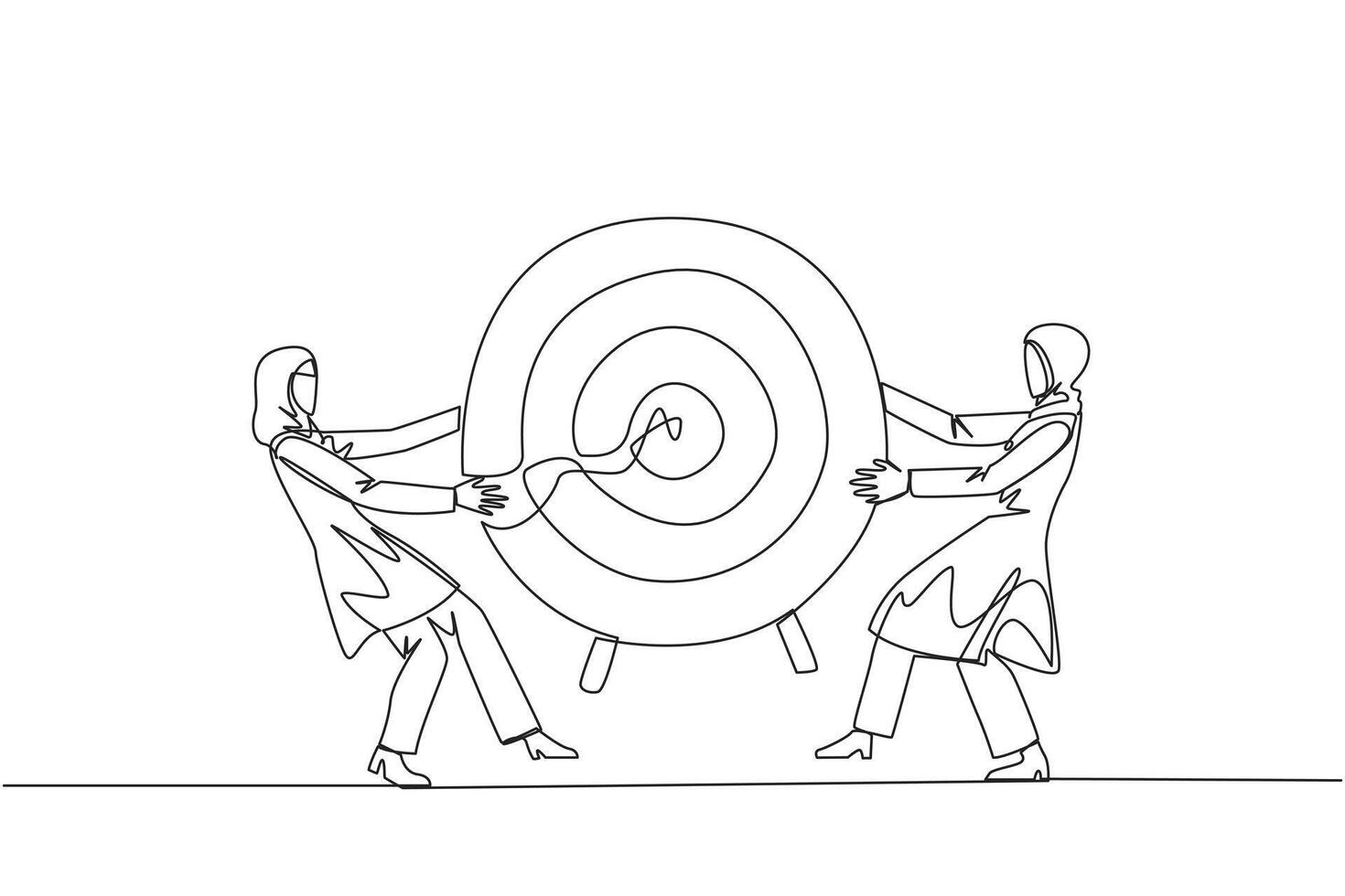 Single one line drawing two angry Arabian businesswoman fighting over arrow target board. Fighting for who will get the achievement first. Attack. Conflict. Continuous line design graphic illustration vector