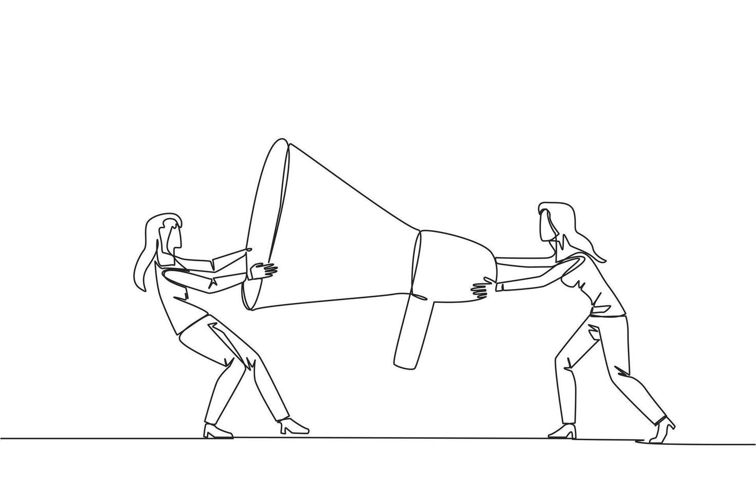 Single continuous line drawing two emotional businesswoman fighting over the megaphone. Scramble to announce vacancies and look for reliable employees. Conflict. One line design vector illustration