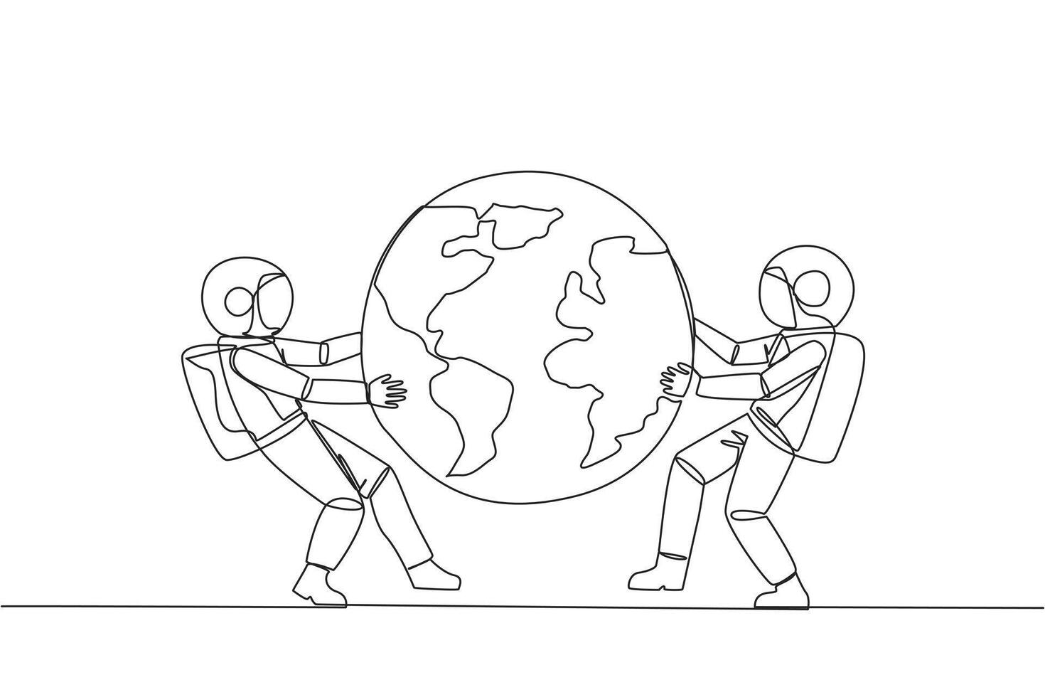 Single continuous line drawing two strong astronaut fighting over globe. Fighting over the area that will be the target of sales expansion. Aggressive. Outer space. One line design vector illustration