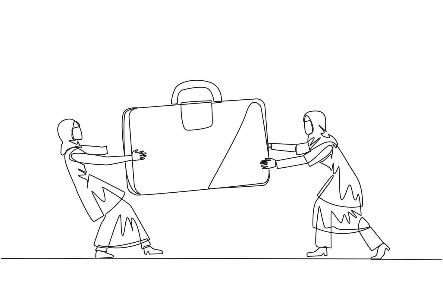 Continuous one line drawing two aggressive Arabian businesswoman fighting over briefcase. Fight over the client data contained in the bag. Businesswoman attack. Single line draw vector illustration