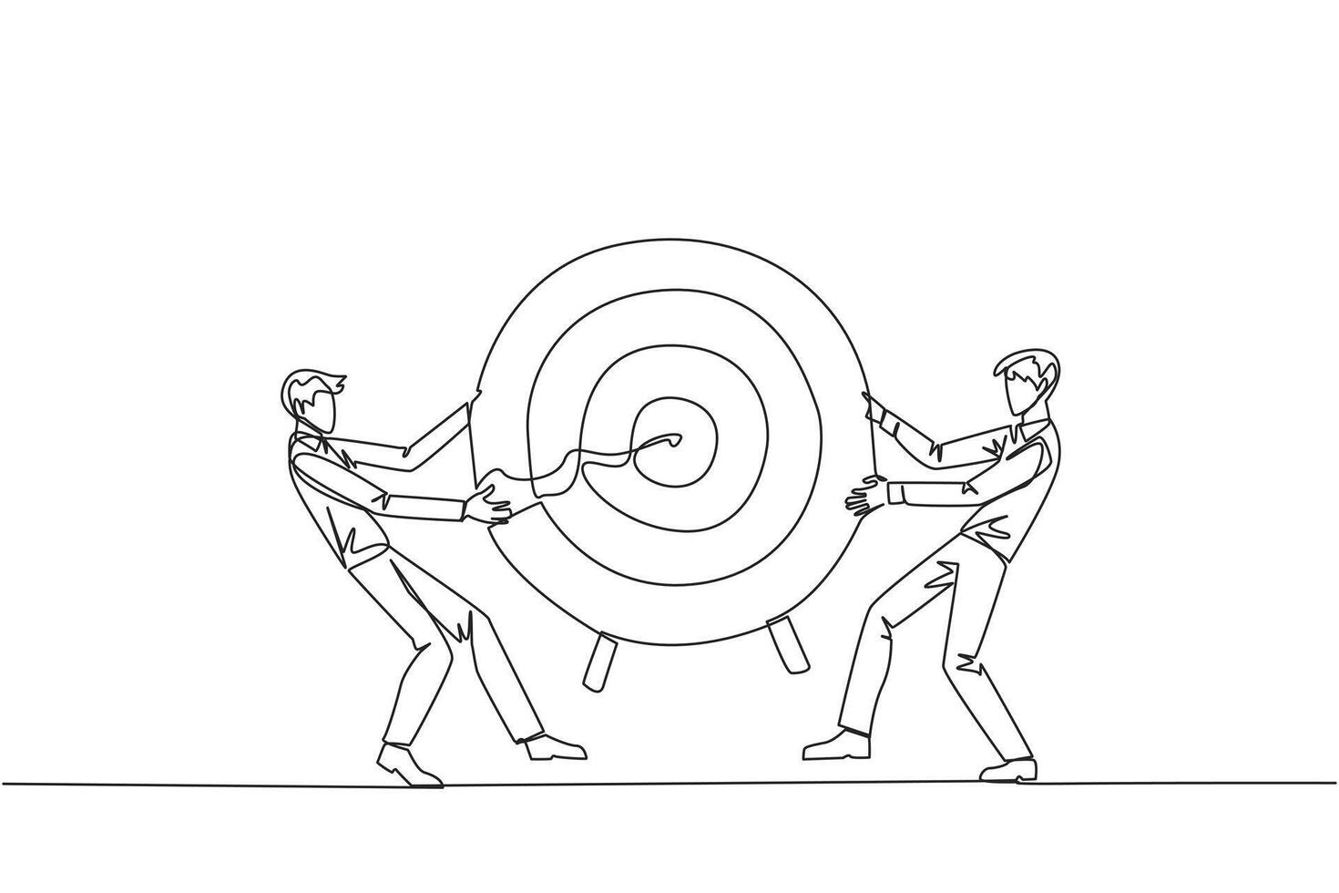 Single one line drawing two angry businessman fighting over arrow target board. Fighting for who will get the achievement first. Versus. Attack. Conflict. Continuous line design graphic illustration vector