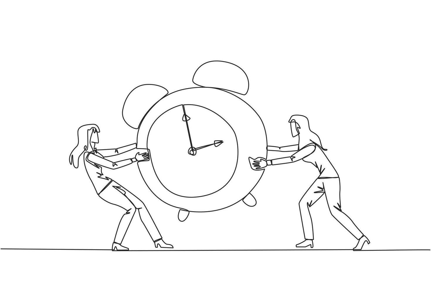 Single continuous line drawing two emotional businesswoman fighting over the big alarm clock. The concept of fighting for rare items for prestige. Conflict. Attack. One line design vector illustration