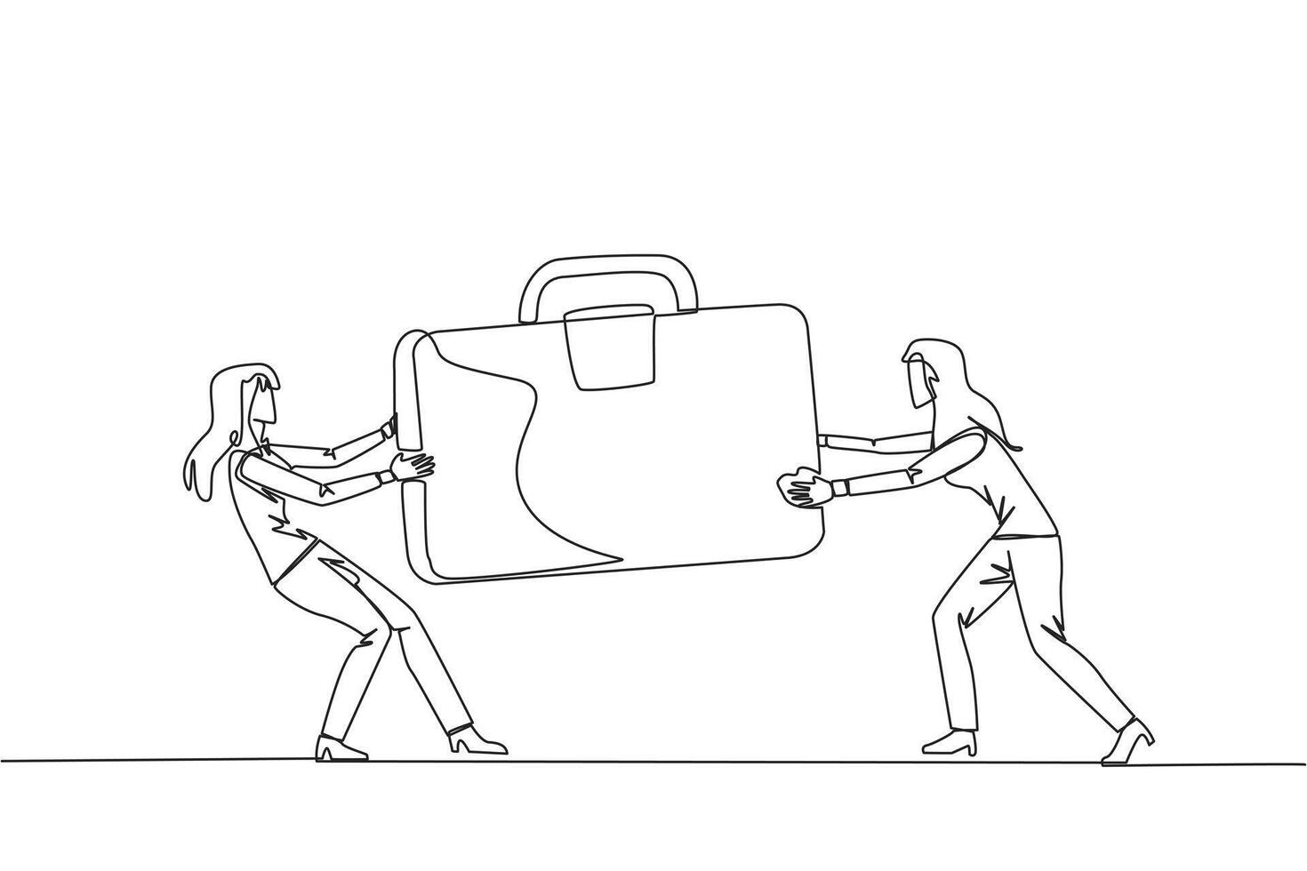 Single continuous line drawing two aggressive businesswoman fighting over the briefcase. Fight over the client data contained in the bag. Businesswoman attack. One line design vector illustration