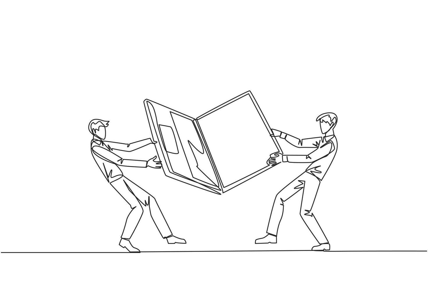 Single one line drawing two emotional businessman fighting over the laptop. Fighting for information about very good area to be the next target market. Continuous line design graphic illustration vector