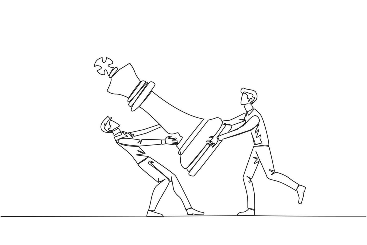 Continuous one line drawing two angry businessman fight over the big king chess pieces. The metaphor of scrambling to save a business by helping investors. Single line draw design vector illustration