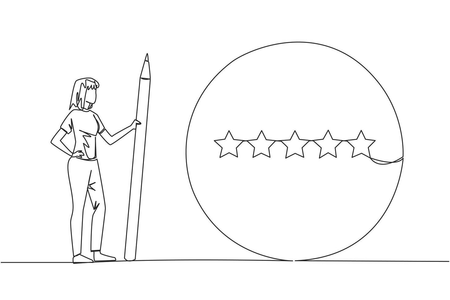 Single one line drawing happy woman stands holding a large pencil and next to is a large circle encircling all 5 stars. Five star rating positive feedback. Continuous line design graphic illustration vector