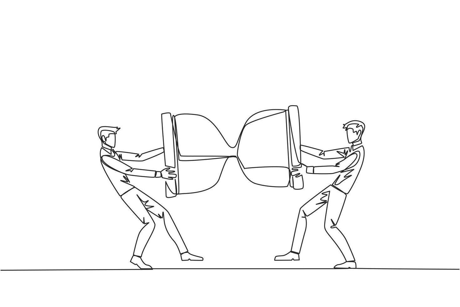 Continuous one line drawing two angry businessman fighting over the hourglass. Ask each other for additional time to send the company profile. Aggressive. Single line draw design vector illustration