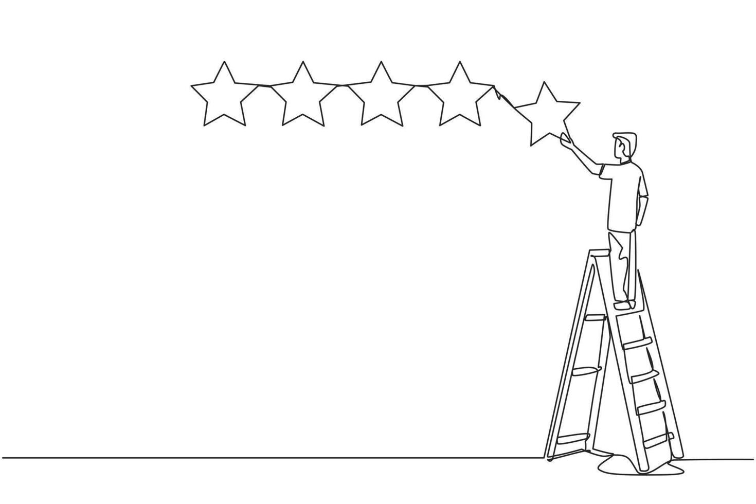 Single one line drawing young energetic happy man climbs a ladder carrying 1 star, making it 5 stars in a row. Give very good recommendation to the seller. Continuous line design graphic illustration vector