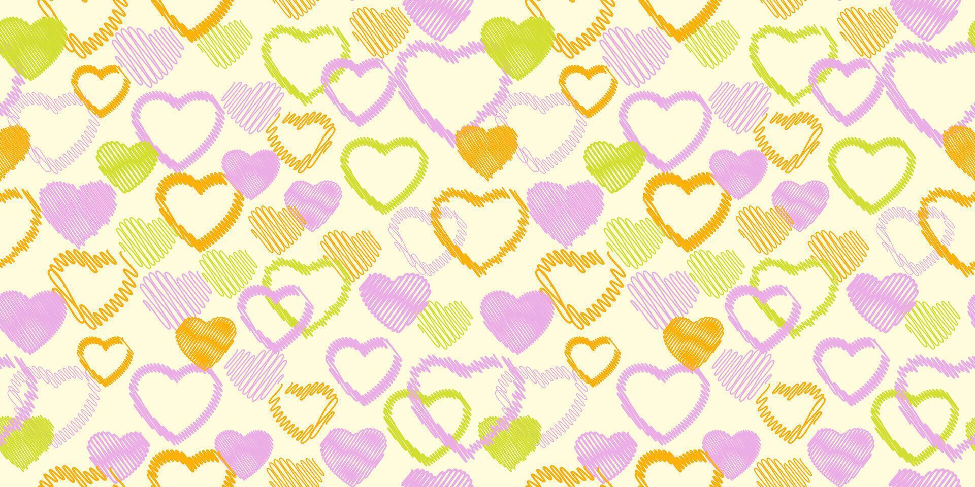 Seamless colorful yellow pattern with vector hand drawn sketch hearts. Print with set texture hearts silhouettes outline. Valentine, love background. Template for textile, fashion, print, surface